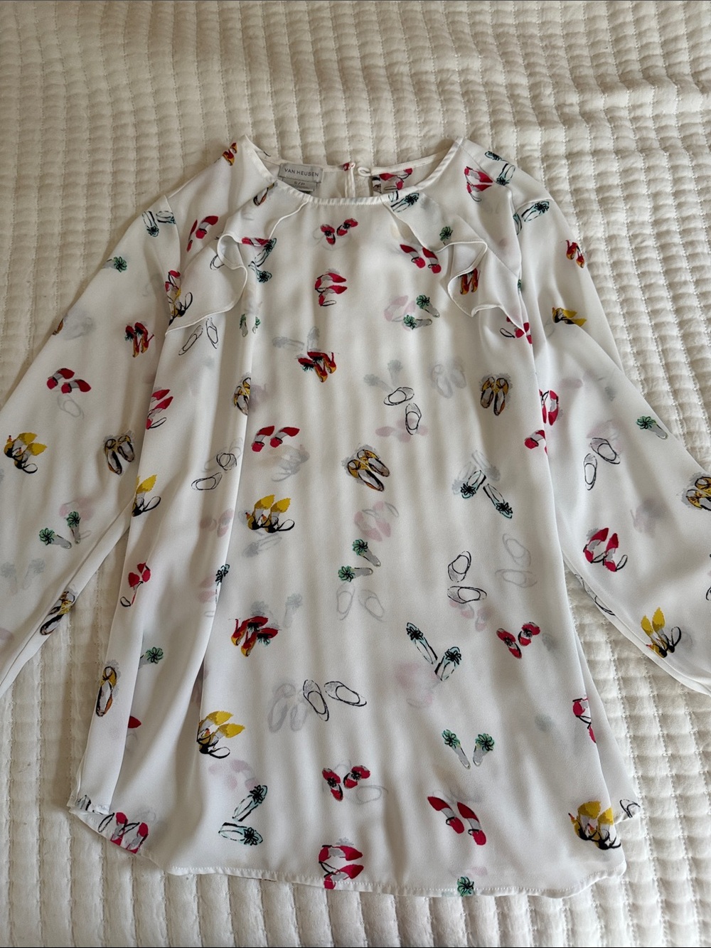 Women’s White Printed Ruffle Blouse - Shoe 👠 Motif